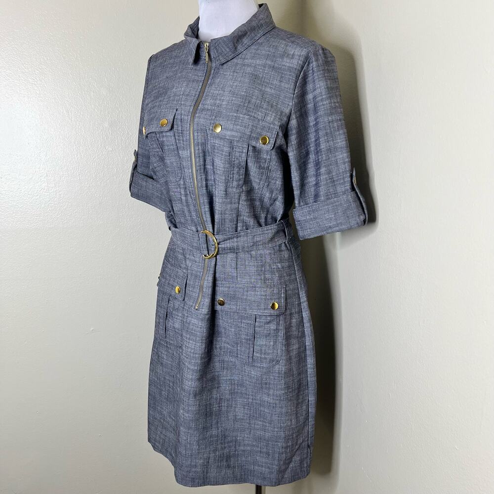 Sharagano Venice Shirt Dress 12 Blue Denim Twill Half Zip D Ring Belted Cotton - Picture 4 of 9